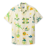 Front view of the DESERT MARTIANS - NIGHTHAWK™ RELAXED FIT BUTTON UP from Baja Llama, a light-colored, short-sleeve shirt featuring an all-over, hand-drawn print of desert icons, martians, and cacti.