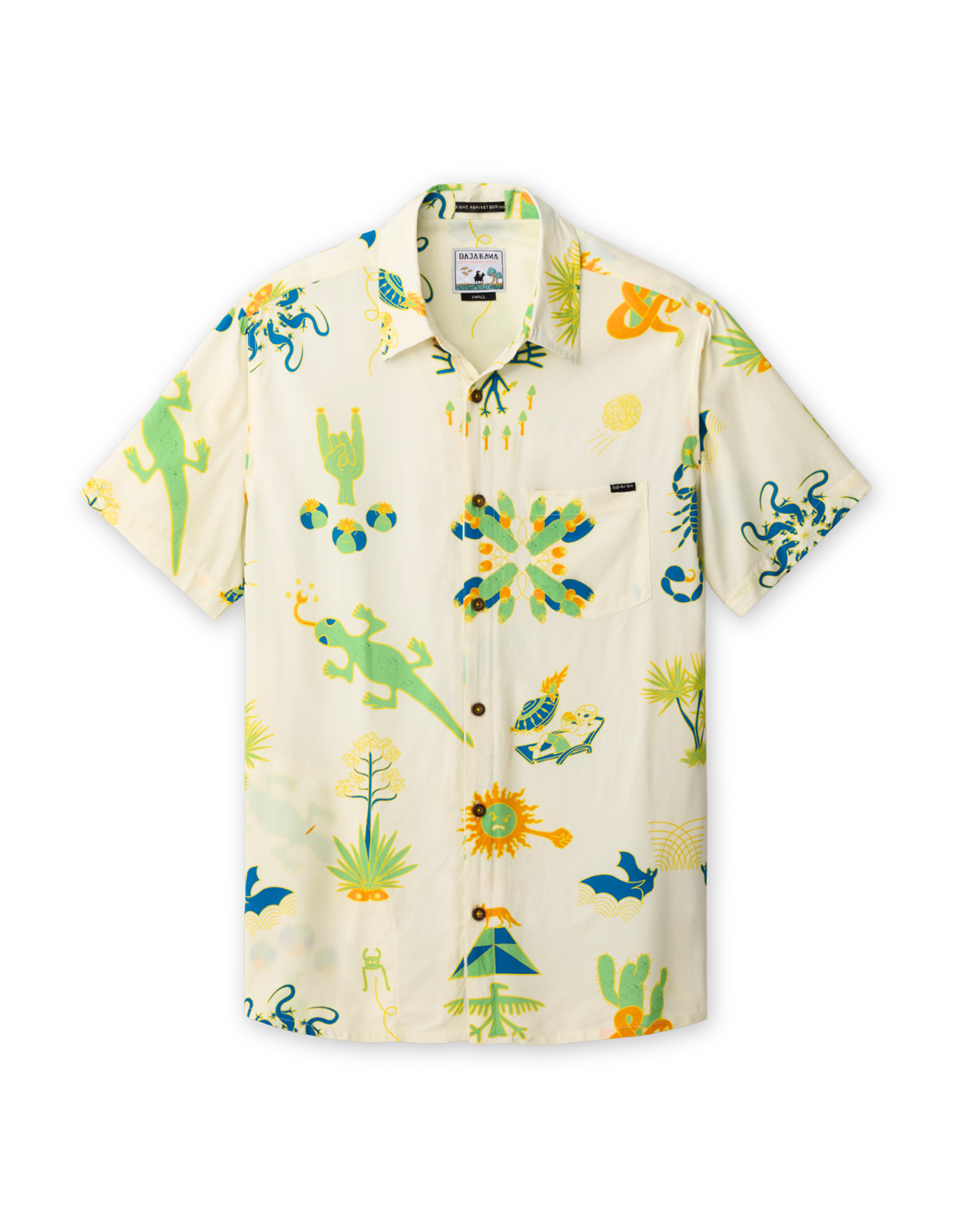 Front view of the DESERT MARTIANS - NIGHTHAWK™ RELAXED FIT BUTTON UP from Baja Llama, a light-colored, short-sleeve shirt featuring an all-over, hand-drawn print of desert icons, martians, and cacti.