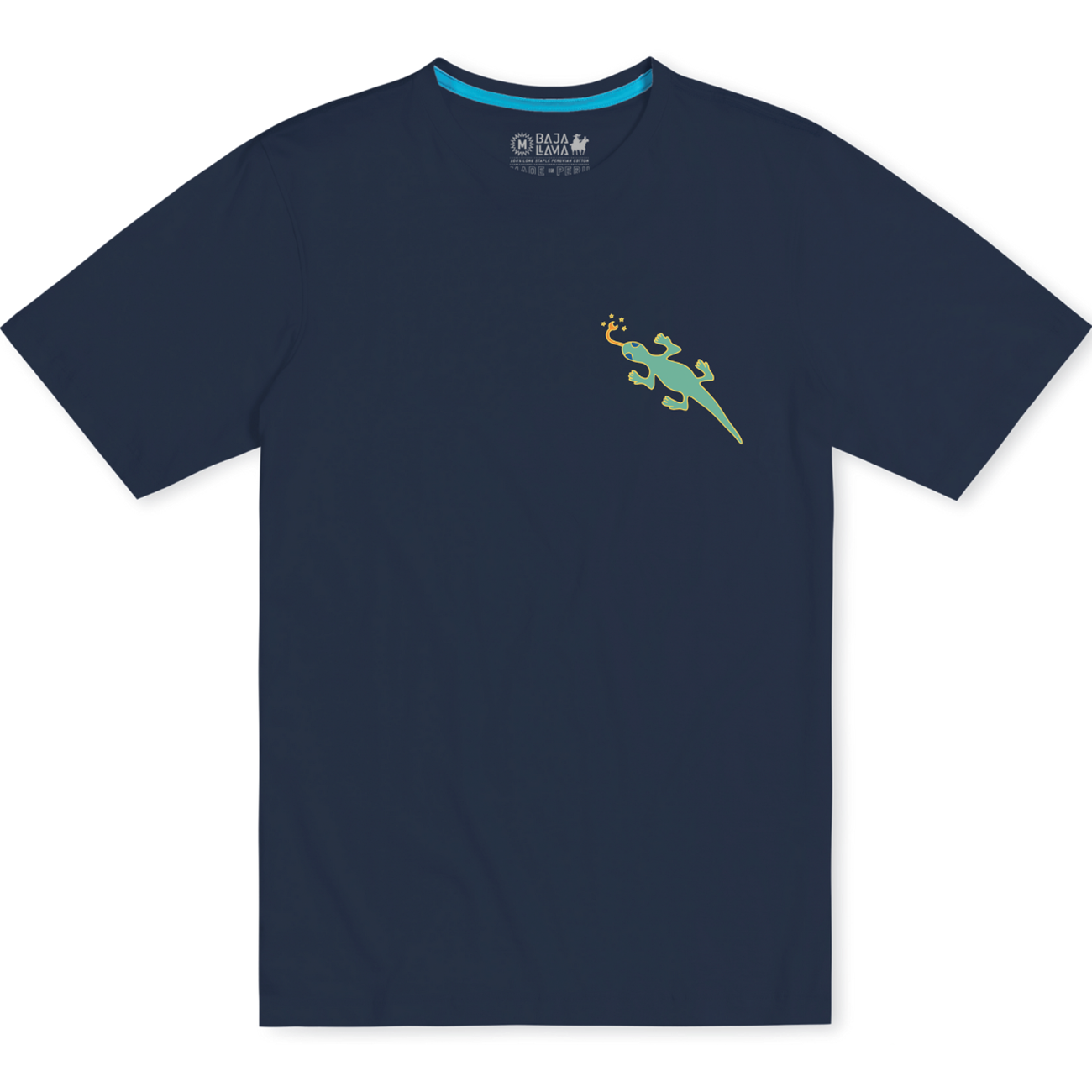 Front flat-lay view of the Baja Llama Desert Martians Primo Graphic Tee, showing a dark navy blue short-sleeve t-shirt with a small turquoise lizard graphic printed on the left chest.