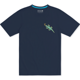 Front flat-lay view of the Baja Llama Desert Martians Primo Graphic Tee, showing a dark navy blue short-sleeve t-shirt with a small turquoise lizard graphic printed on the left chest.