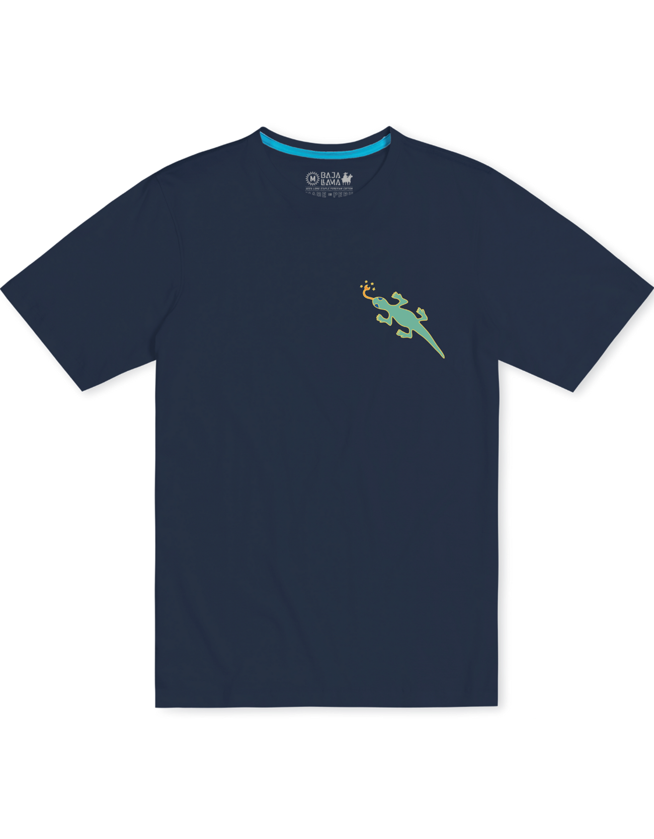 Front flat-lay view of the Baja Llama Desert Martians Primo Graphic Tee, showing a dark navy blue short-sleeve t-shirt with a small turquoise lizard graphic printed on the left chest.