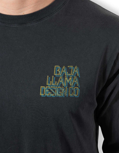 Baja Llama black design company Peruvian cotton graphic t-shirt