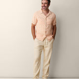 Men’s orange checker camp collar shirt with contrast green trim