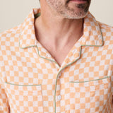 Men’s lightweight checker print camp collar shirt with green piping details