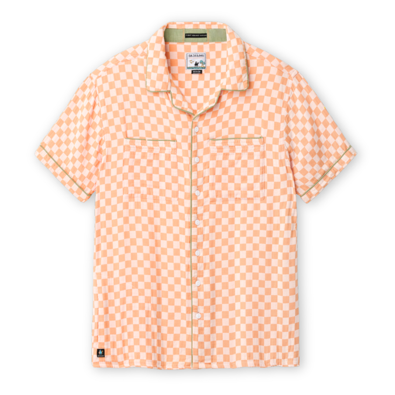 Orange checkered shirt on a light background with green piping front lay down