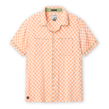 Orange checkered shirt on a light background with green piping front lay down
