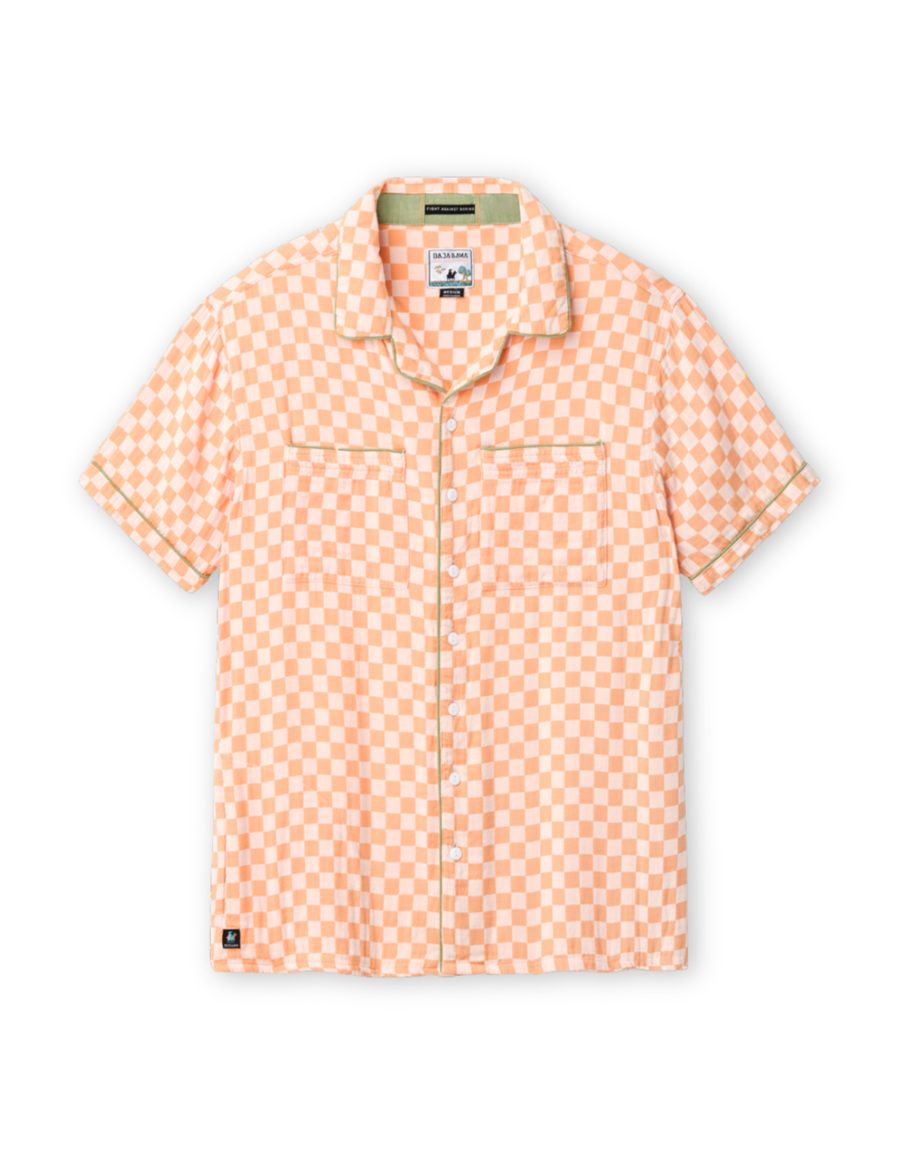 Orange checkered shirt on a light background with green piping front lay down