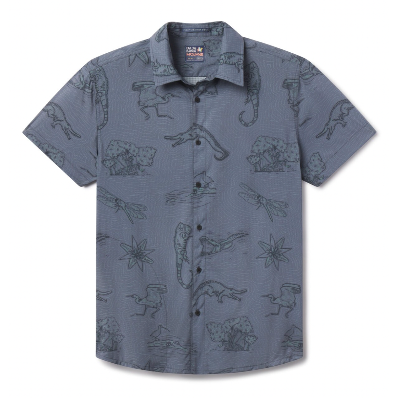 Flat lay of El Manglar Mojave Button Up ultralight travel button-up shirt topographic and wildlife line art