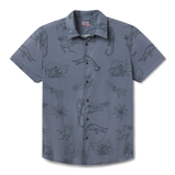 Flat lay of El Manglar Mojave Button Up ultralight travel button-up shirt topographic and wildlife line art