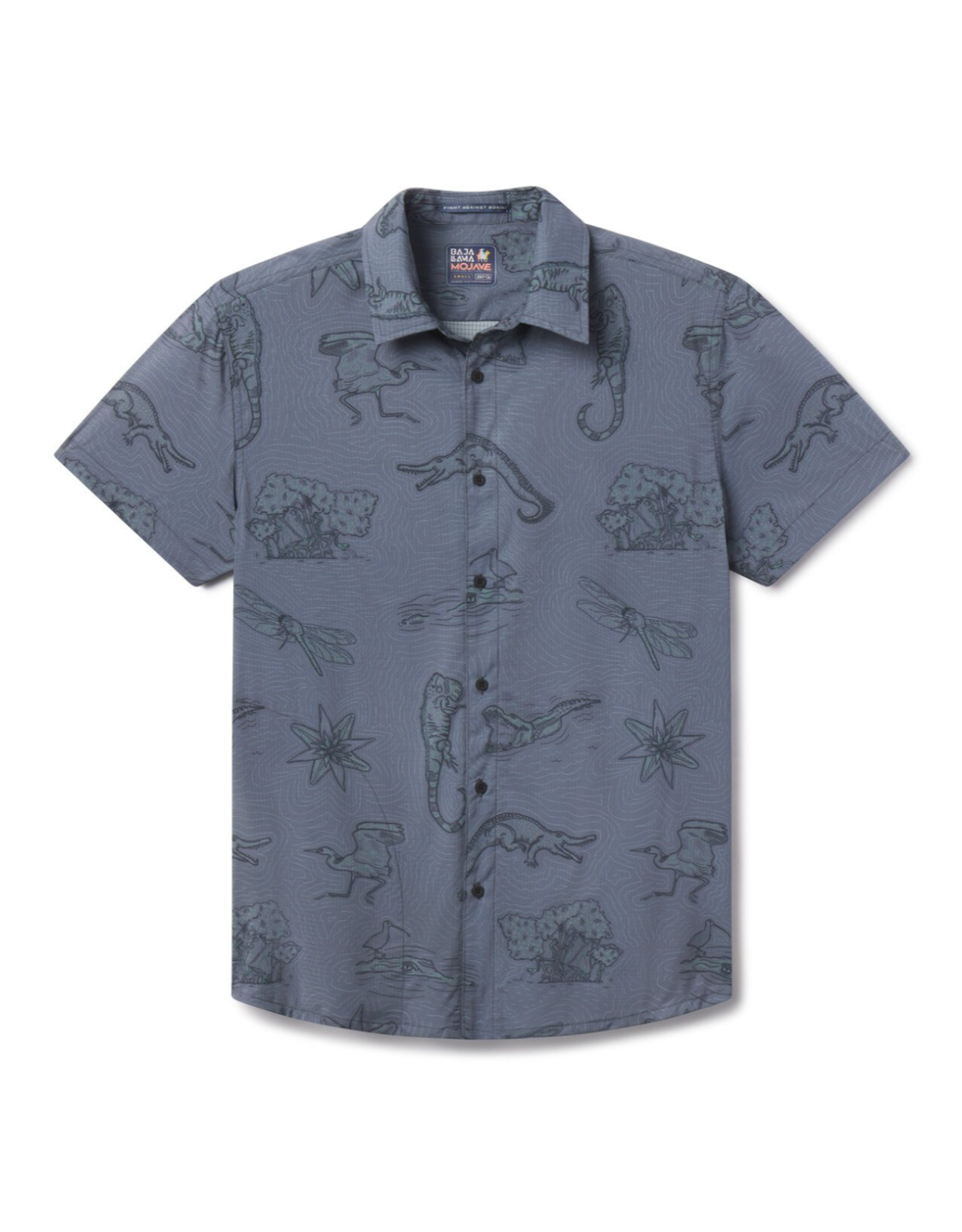 Flat lay of El Manglar Mojave Button Up ultralight travel button-up shirt topographic and wildlife line art