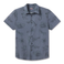 Flat lay of El Manglar Mojave Button Up ultralight travel button-up shirt topographic and wildlife line art