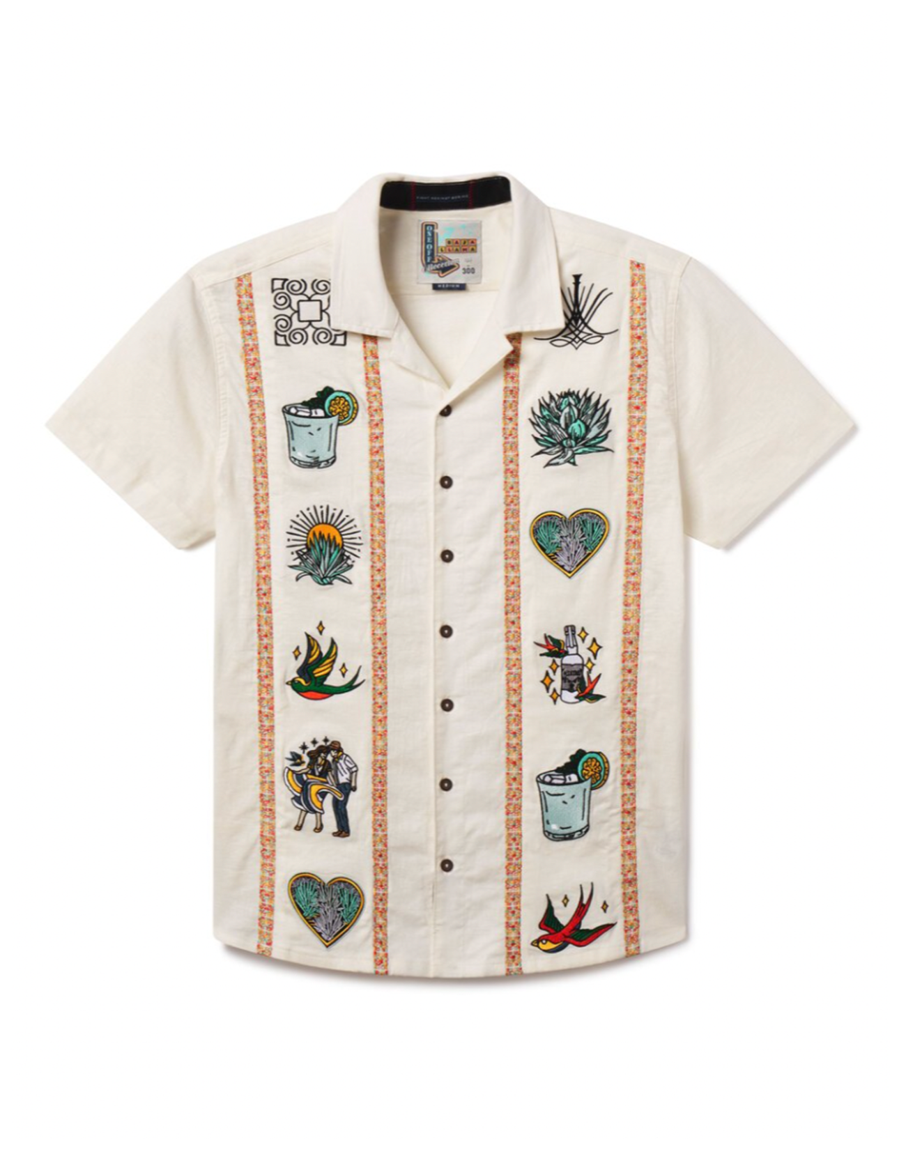 Baja Llama El Sativo Tequila Guayabera button up shirt with embroidered details