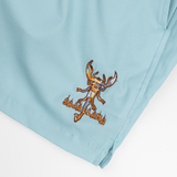 Men’s light blue swim shorts with retro-style orange and white side stripes, black elastic waistband, and adjustable drawstring. Features embroidered Baja Llama scorpion design and quick-dry fabric for all-day comfort.