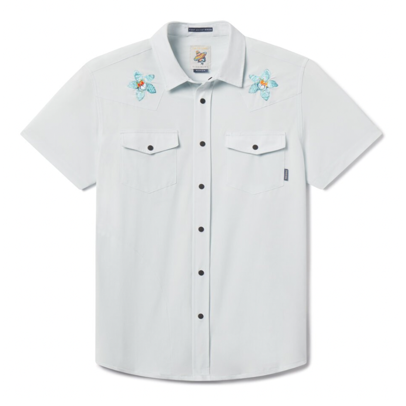 Front view of the light blue FLORAL PROJECT - DISSIDENT WESTERN FRONT SNAP BUTTON UP shirt, featuring embroidered floral details and snap button chest pockets.