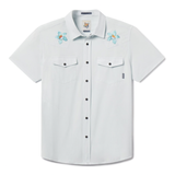 Front view of the light blue FLORAL PROJECT - DISSIDENT WESTERN FRONT SNAP BUTTON UP shirt, featuring embroidered floral details and snap button chest pockets.