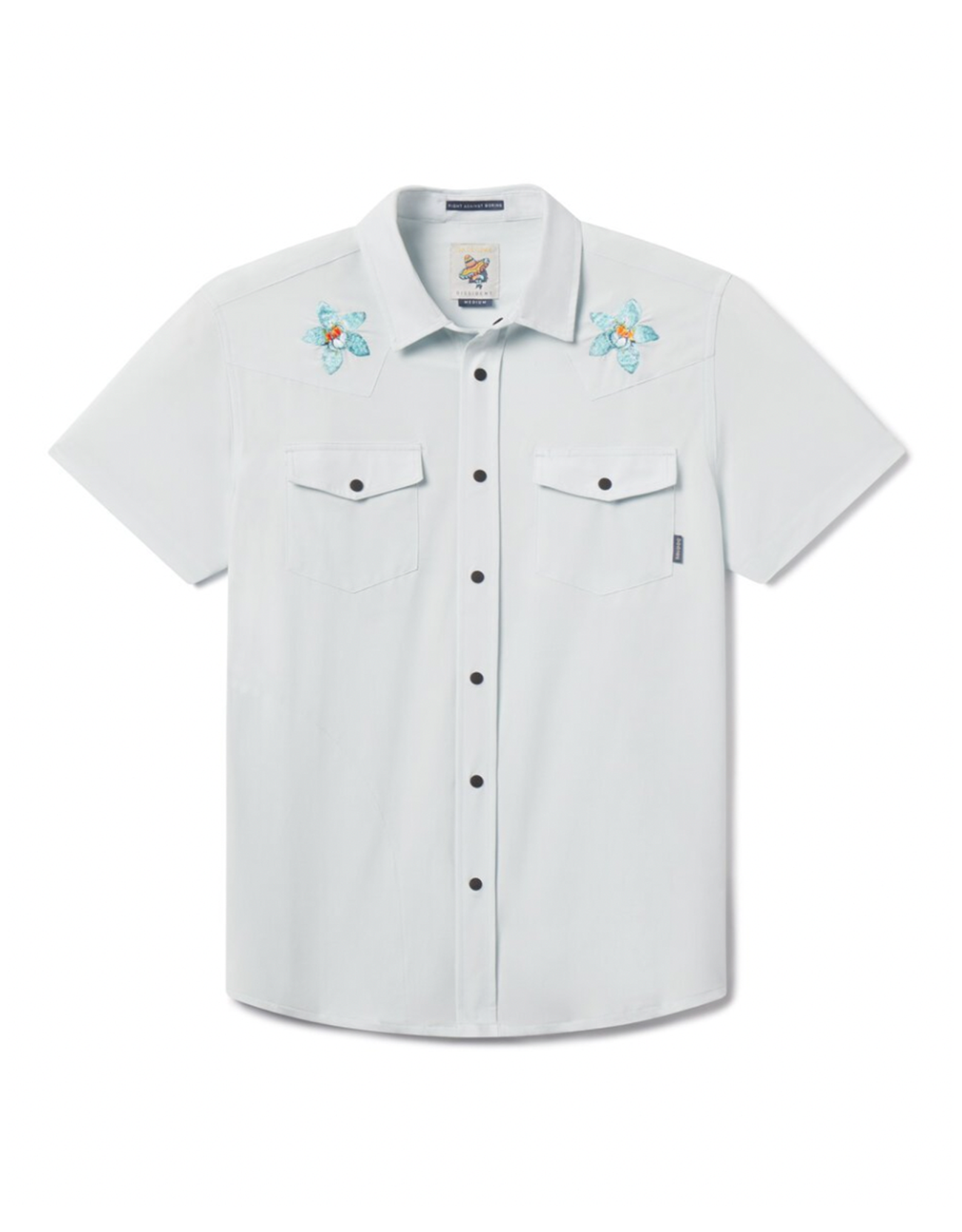 Front view of the light blue FLORAL PROJECT - DISSIDENT WESTERN FRONT SNAP BUTTON UP shirt, featuring embroidered floral details and snap button chest pockets.