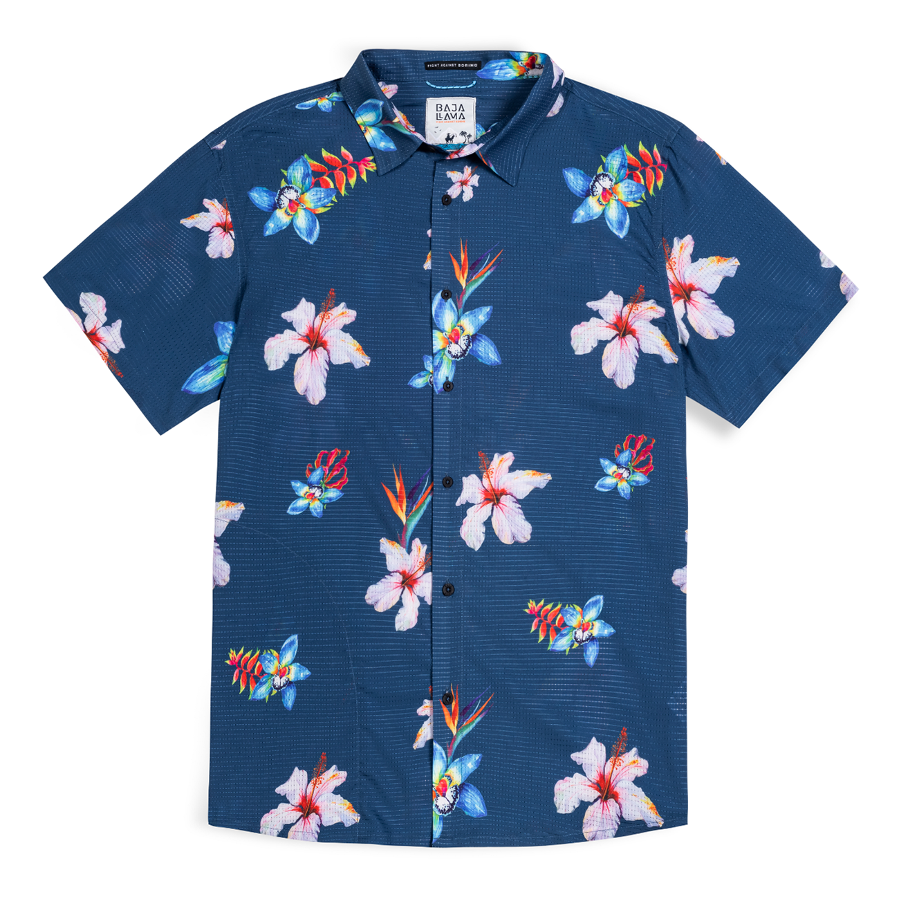 Baja Llama Flower Powers Mojave perforated button-up shirt in blue with all-over tropical floral print.