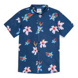 Baja Llama Flower Powers Mojave perforated button-up shirt in blue with all-over tropical floral print.