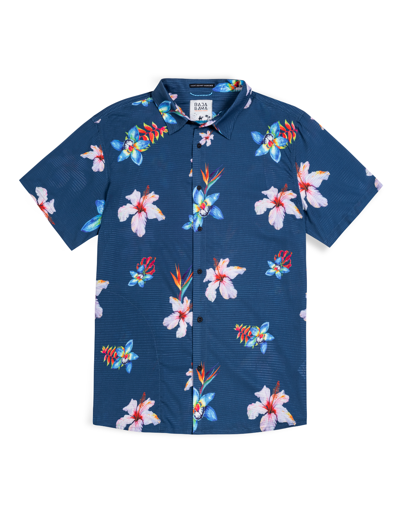 Baja Llama Flower Powers Mojave perforated button-up shirt in blue with all-over tropical floral print.