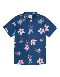 Baja Llama Flower Powers Mojave perforated button-up shirt in blue with all-over tropical floral print.
