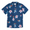 Baja Llama Flower Powers Mojave perforated button-up shirt in blue with all-over tropical floral print.