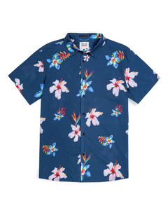 Baja Llama Flower Powers Mojave perforated button-up shirt in blue with all-over tropical floral print.