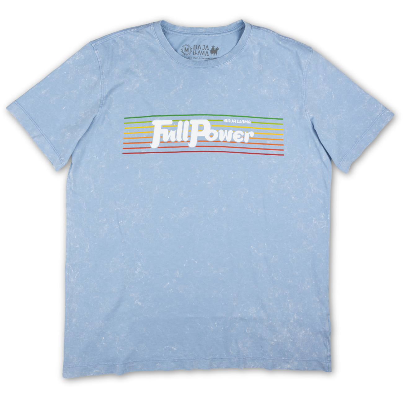 Men’s vintage-washed blue graphic t-shirt with ‘Full Power’ retro typography and colorful striped design. Soft cotton, casual fit, and perfect for everyday wear. Baja Llama adventure-inspired apparel.
