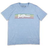 Men’s vintage-washed blue graphic t-shirt with ‘Full Power’ retro typography and colorful striped design. Soft cotton, casual fit, and perfect for everyday wear. Baja Llama adventure-inspired apparel.