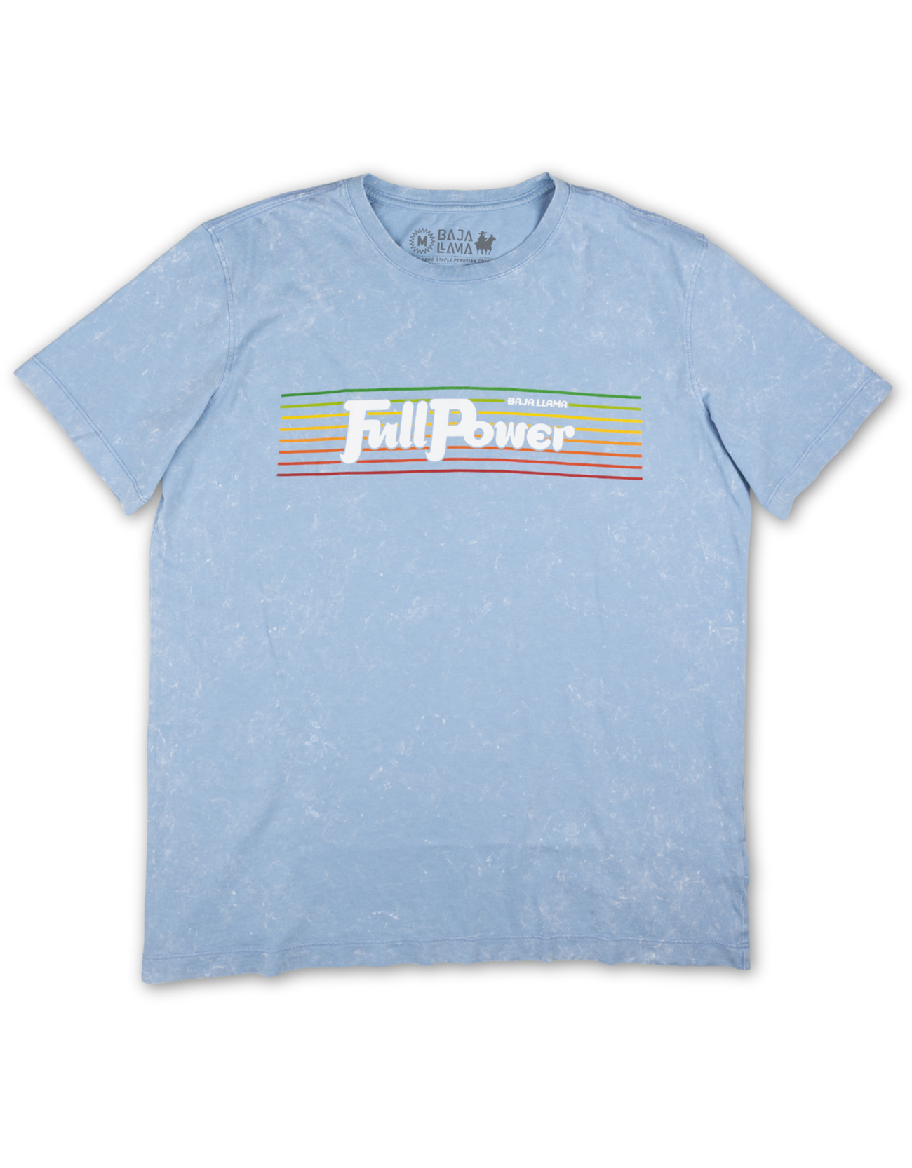 Men’s vintage-washed blue graphic t-shirt with ‘Full Power’ retro typography and colorful striped design. Soft cotton, casual fit, and perfect for everyday wear. Baja Llama adventure-inspired apparel.