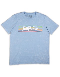 Men’s vintage-washed blue graphic t-shirt with ‘Full Power’ retro typography and colorful striped design. Soft cotton, casual fit, and perfect for everyday wear. Baja Llama adventure-inspired apparel.