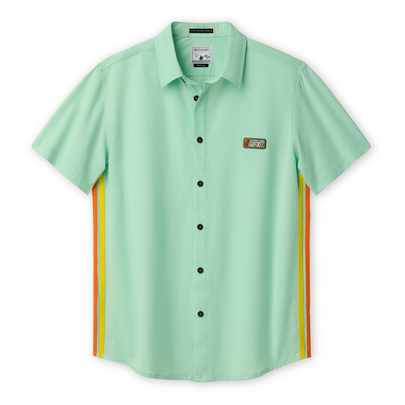 Front view of the Baja Llama Go Fast Green Vagabond™ button-up shirt featuring side stripe detailing and a chest patch.