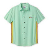 Front view of the Baja Llama Go Fast Green Vagabond™ button-up shirt featuring side stripe detailing and a chest patch.