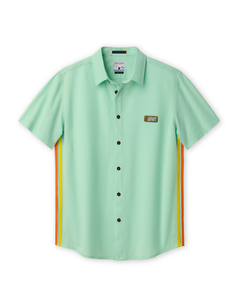 Front view of the Baja Llama Go Fast Green Vagabond™ button-up shirt featuring side stripe detailing and a chest patch.