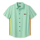 Front view of the Baja Llama Go Fast Green Vagabond™ button-up shirt featuring side stripe detailing and a chest patch.