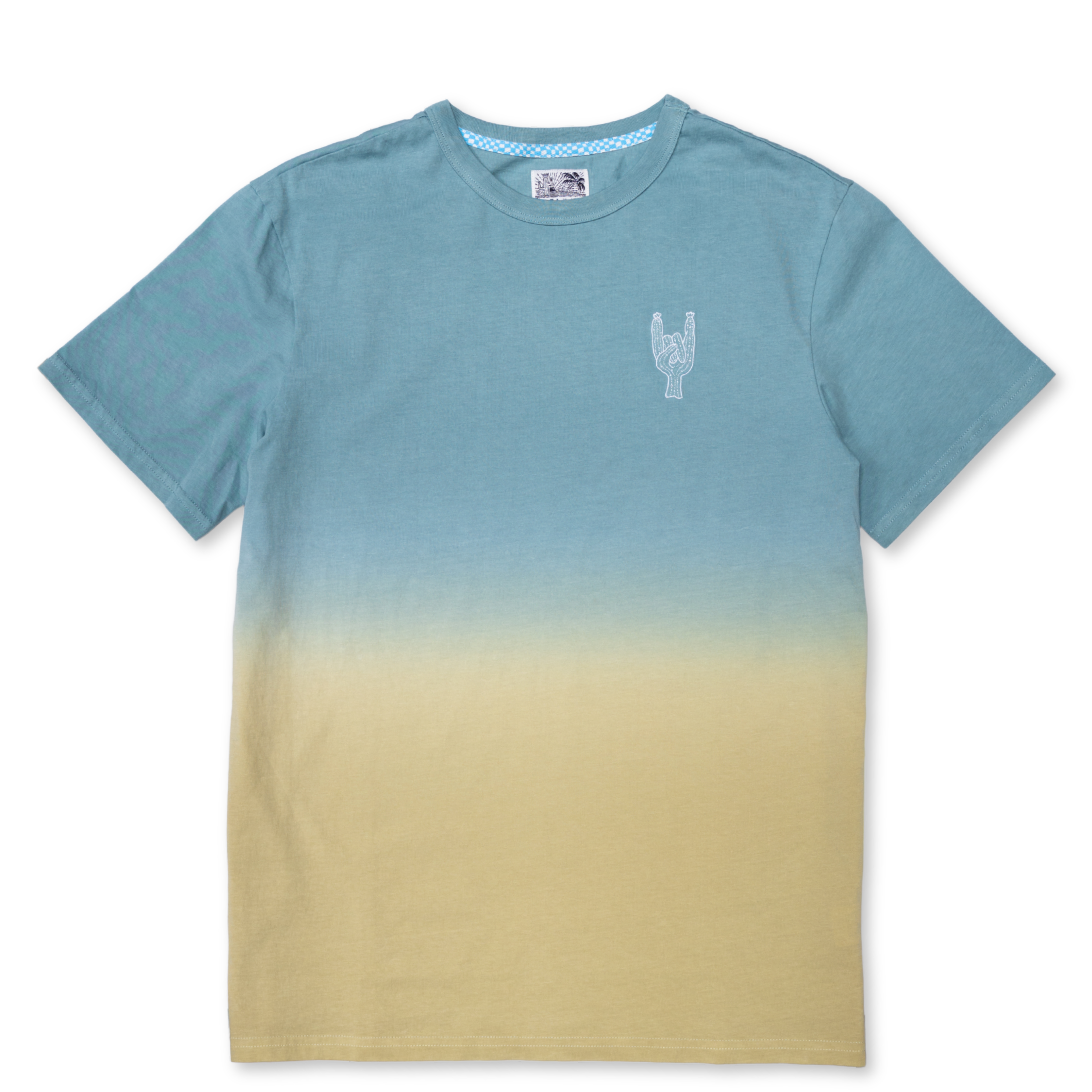 Baja Llama Rock On Cactus Embroidered Primo S.E. Heavy Tee featuring a blue-to-tan dip-dye gradient effect with a small white embroidered rock-on sign cactus on the left chest.