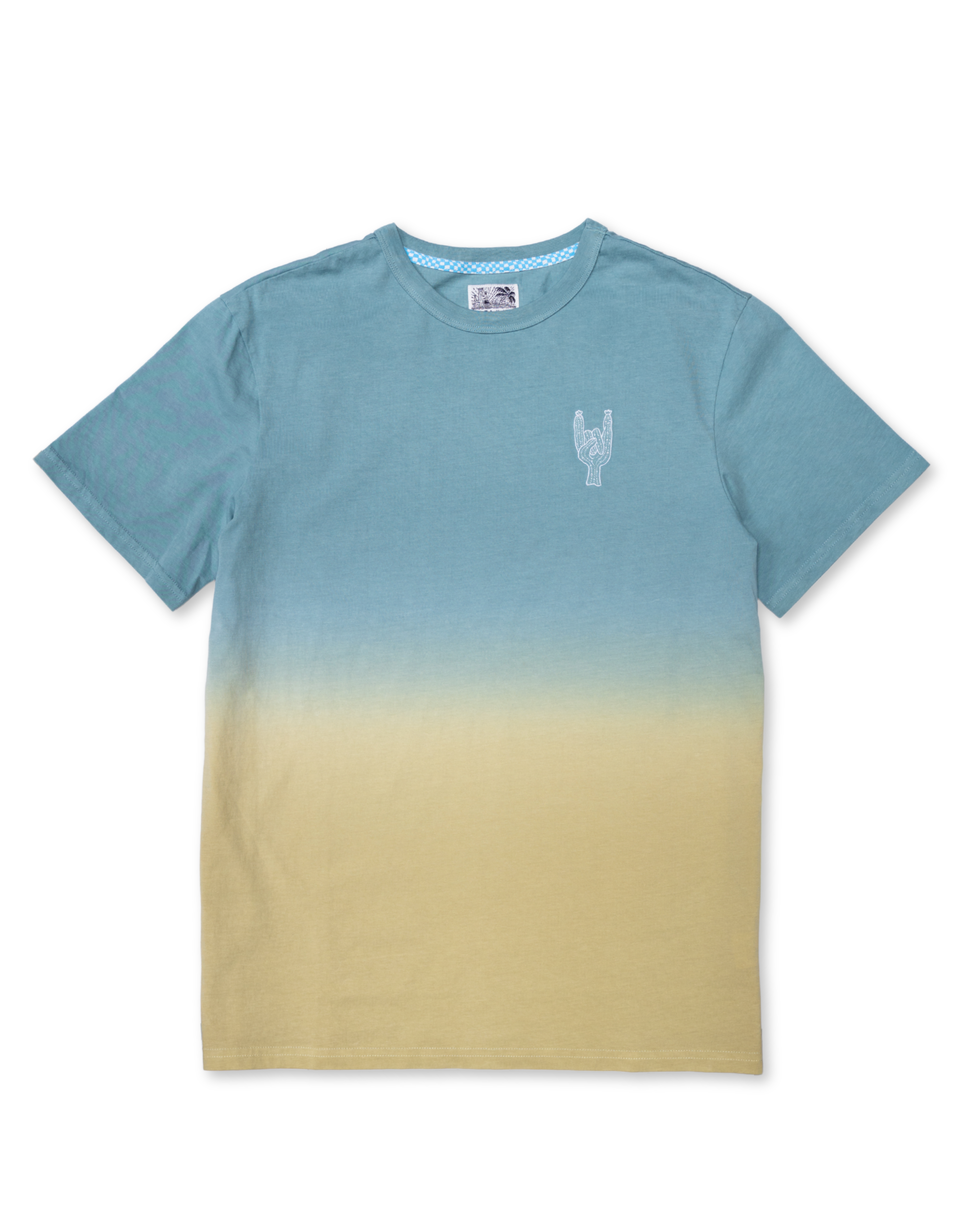 Baja Llama Rock On Cactus Embroidered Primo S.E. Heavy Tee featuring a blue-to-tan dip-dye gradient effect with a small white embroidered rock-on sign cactus on the left chest.
