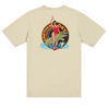 Girl Croc cream graphic tee by Baja Llama. Features a playful illustration of a women riding a crocodile with vibrant colors, paired with a relaxed fit and soft fabric for a comfortable, adventurous look.