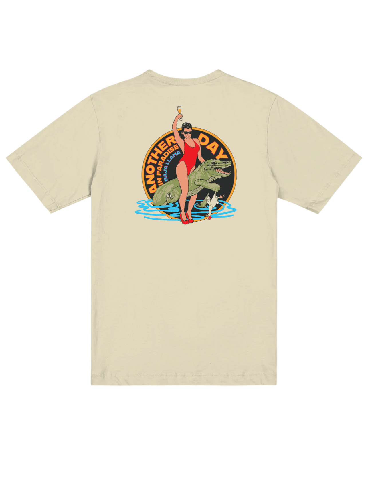 Girl Croc cream graphic tee by Baja Llama. Features a playful illustration of a women riding a crocodile with vibrant colors, paired with a relaxed fit and soft fabric for a comfortable, adventurous look.