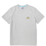 Front full view of the Baja Llama Greatful Dyed Shoreline Smoke Heavy Tee, a light gray short-sleeve t-shirt with a vintage  wash, a crew neck with blue checkered inner tape, and an embroidered script pocket logo