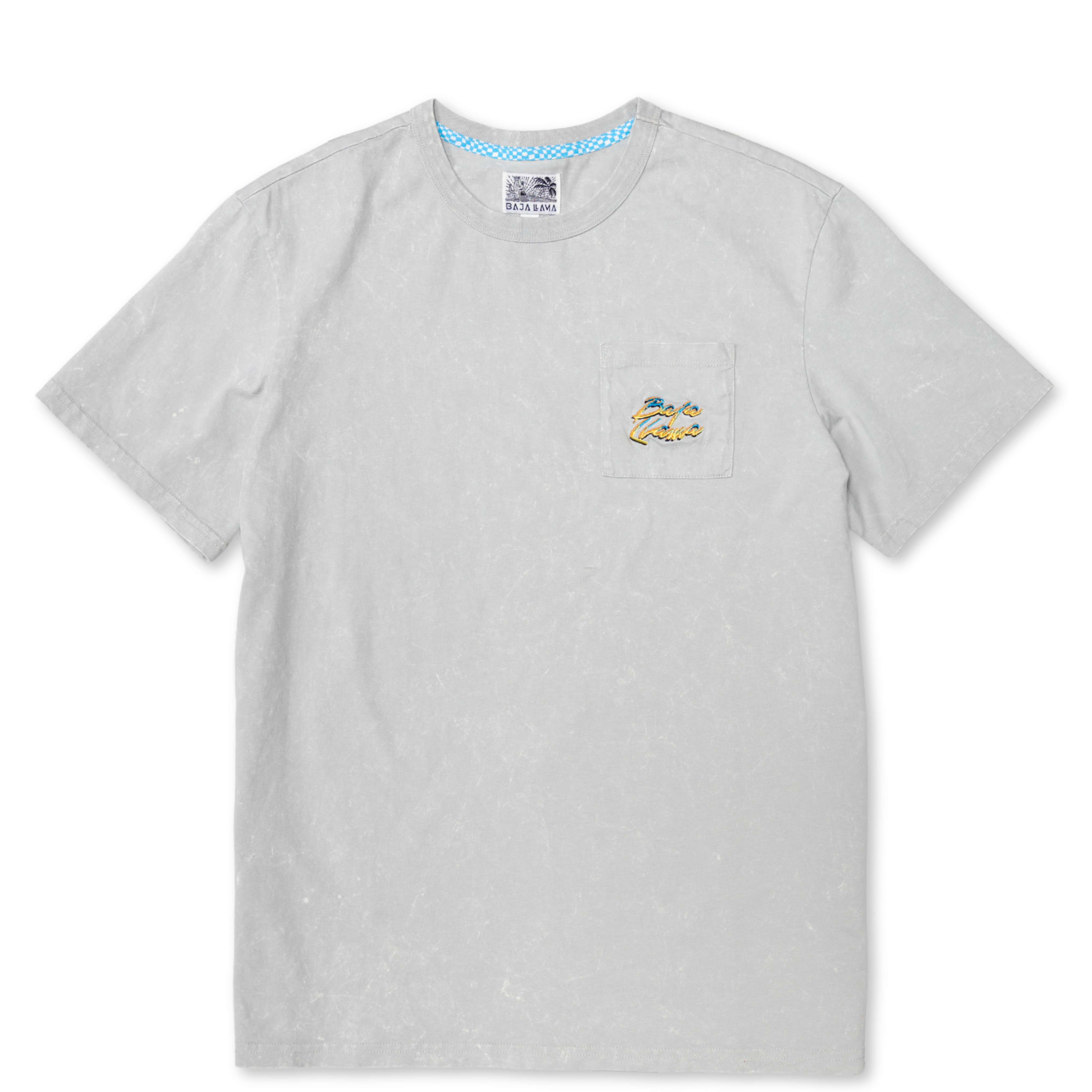 Front full view of the Baja Llama Greatful Dyed Shoreline Smoke Heavy Tee, a light gray short-sleeve t-shirt with a vintage  wash, a crew neck with blue checkered inner tape, and an embroidered script pocket logo