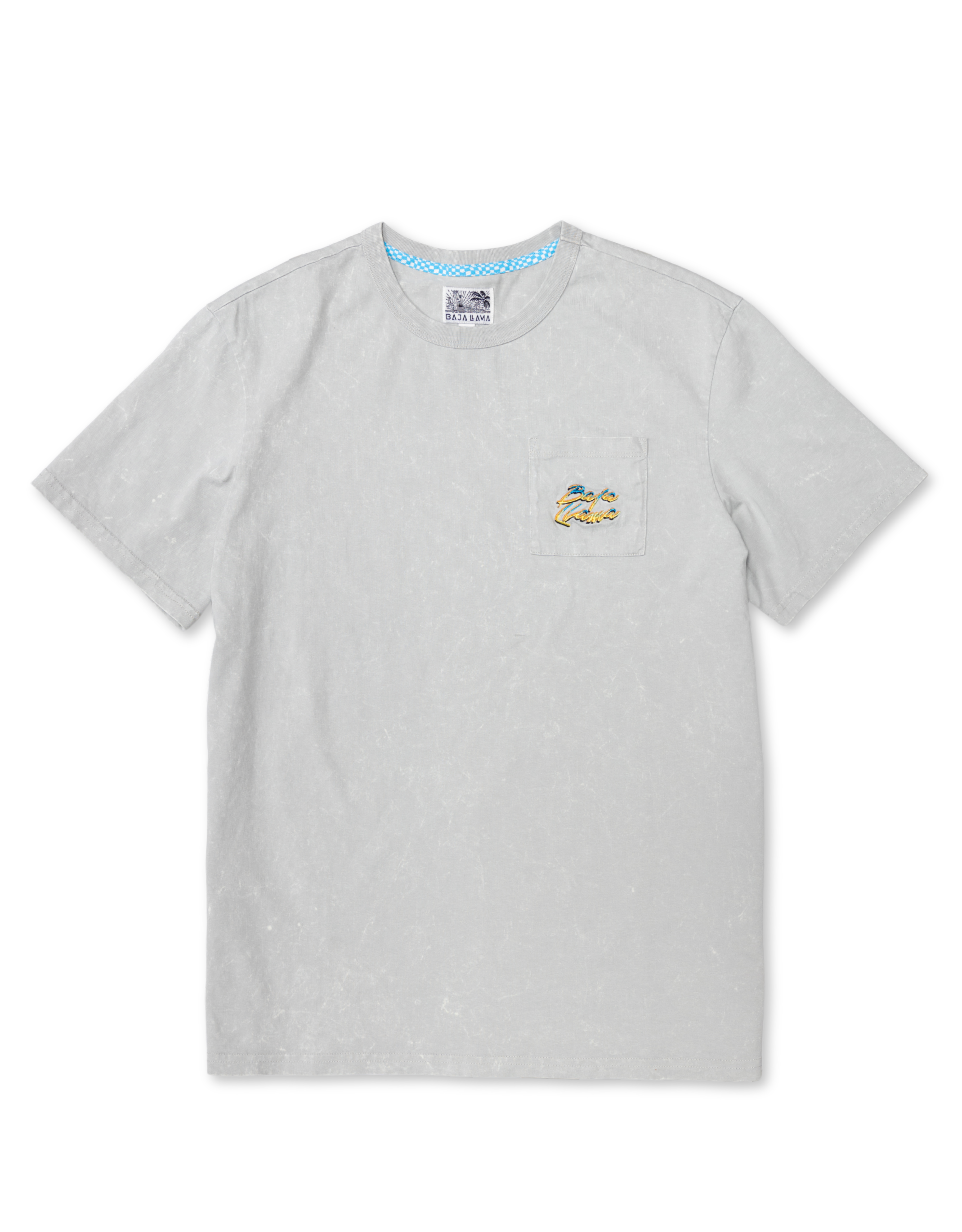 Front full view of the Baja Llama Greatful Dyed Shoreline Smoke Heavy Tee, a light gray short-sleeve t-shirt with a vintage  wash, a crew neck with blue checkered inner tape, and an embroidered script pocket logo