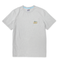Front full view of the Baja Llama Greatful Dyed Shoreline Smoke Heavy Tee, a light gray short-sleeve t-shirt with a vintage  wash, a crew neck with blue checkered inner tape, and an embroidered script pocket logo