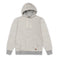 Front view of the Baja Llama Loopy Lines McGee light pullover hoodie, featuring a classic grey and white striped pattern, a front kangaroo pocket, and ribbed hem and cuffs.