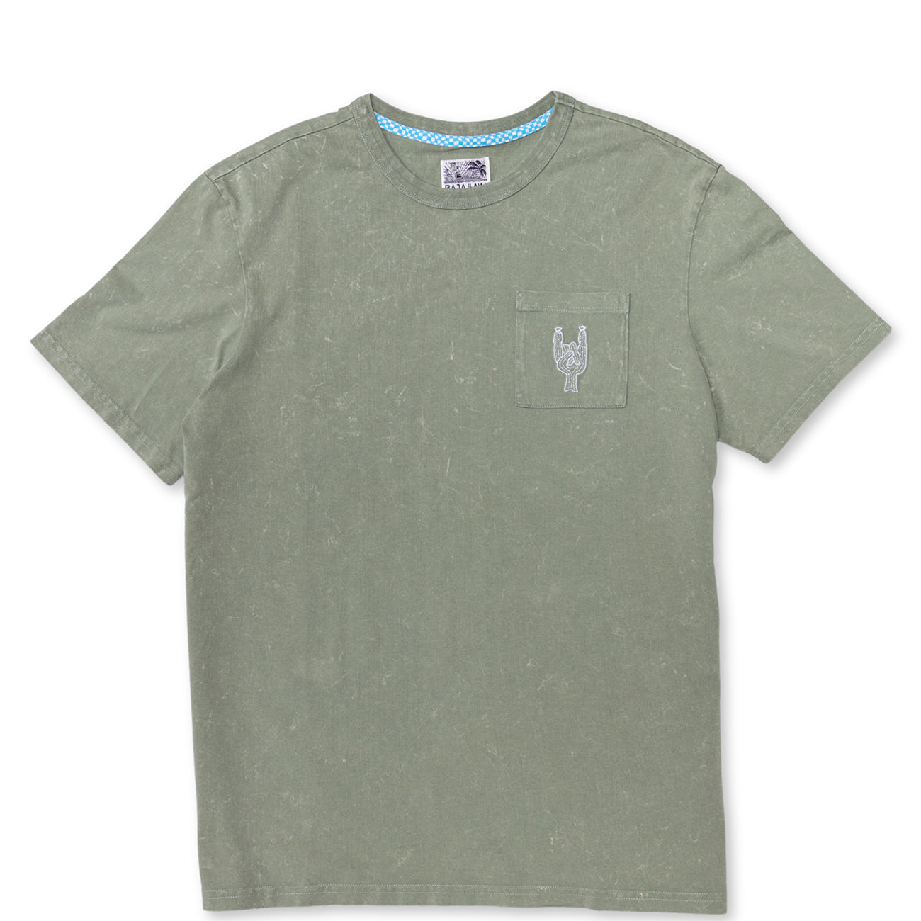 Baja Llama Greatful Dyed Rock On Cypress Green Heavy Tee featuring a chest pocket with a white embroidered rock-on sign cactus graphic