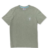Baja Llama Greatful Dyed Rock On Cypress Green Heavy Tee featuring a chest pocket with a white embroidered rock-on sign cactus graphic