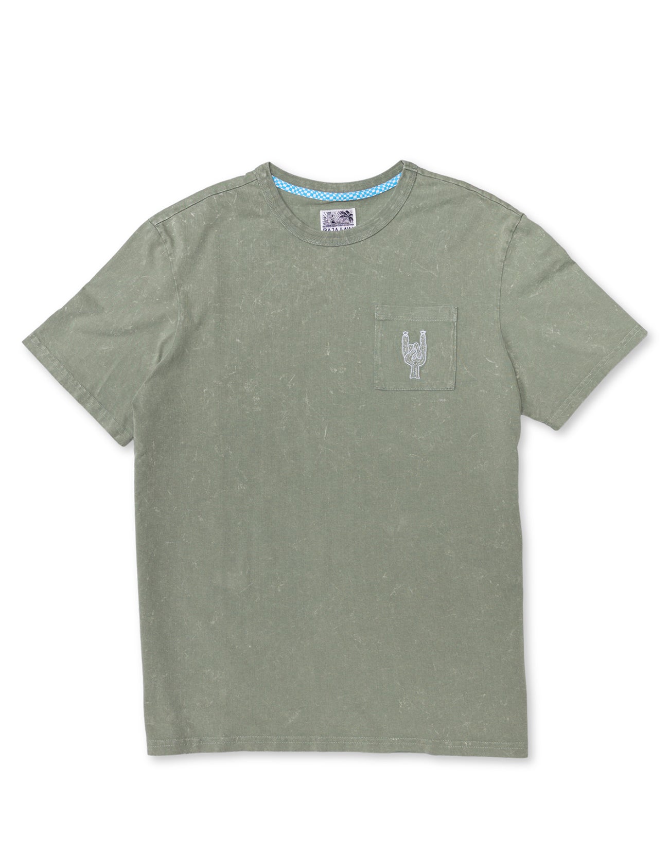 Baja Llama Greatful Dyed Rock On Cypress Green Heavy Tee featuring a chest pocket with a white embroidered rock-on sign cactus graphic