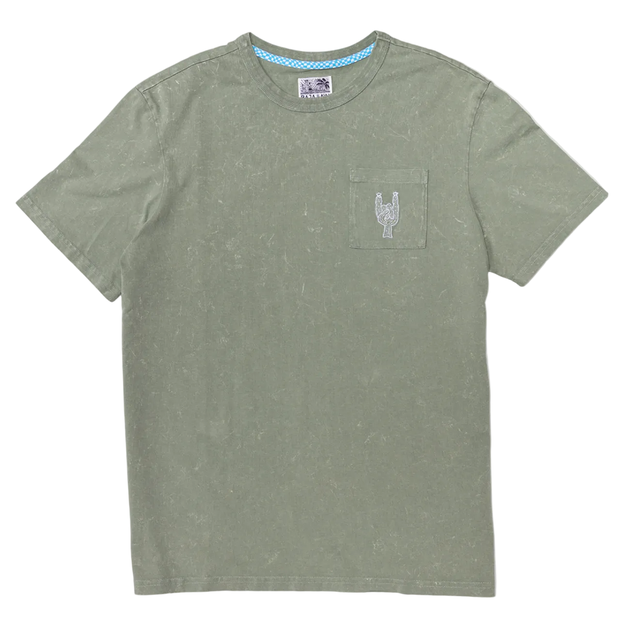 Baja Llama Greatful Dyed Rock On Cypress Green Heavy Tee featuring a chest pocket with a white embroidered rock-on sign cactus graphic