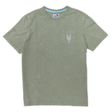 Baja Llama Greatful Dyed Rock On Cypress Green Heavy Tee featuring a chest pocket with a white embroidered rock-on sign cactus graphic