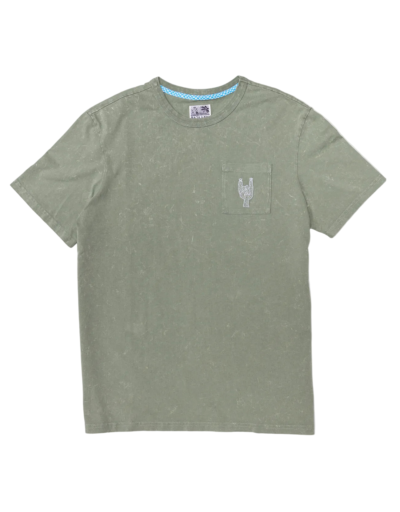 Baja Llama Greatful Dyed Rock On Cypress Green Heavy Tee featuring a chest pocket with a white embroidered rock-on sign cactus graphic