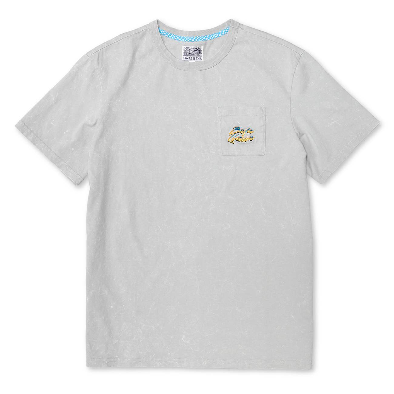 Front full view of the Baja Llama Greatful Dyed Shoreline Smoke Heavy Tee, a light gray short-sleeve t-shirt with a vintage  wash, a crew neck with blue checkered inner tape, and an embroidered script pocket logo